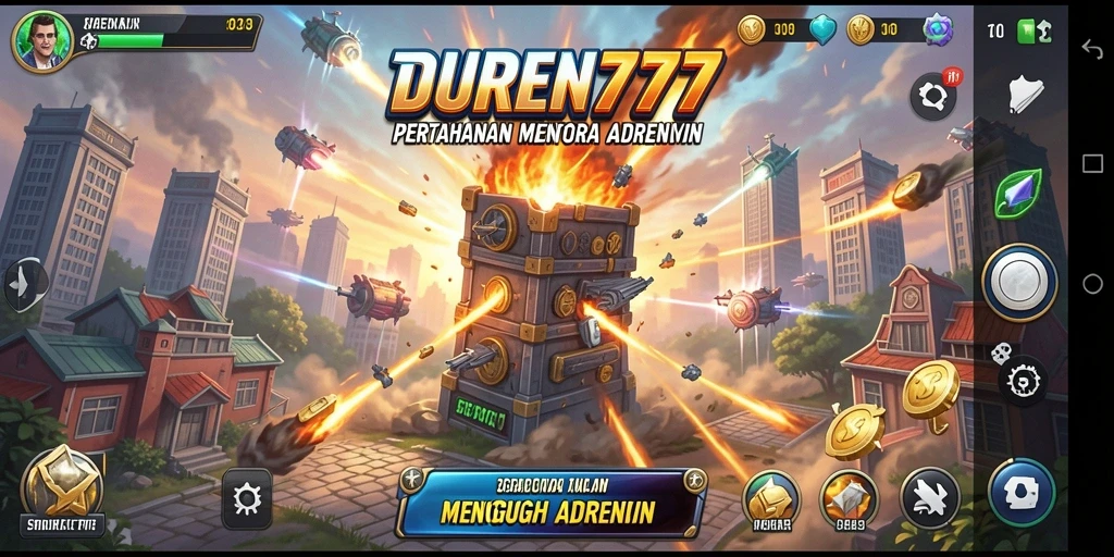 Screenshot gameplay DUREN777 yang menunjukkan menara bertahan di medan perang.
