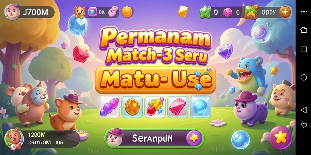 Screenshot gameplay J200M menunjukkan match-3 yang seru dan menantang.