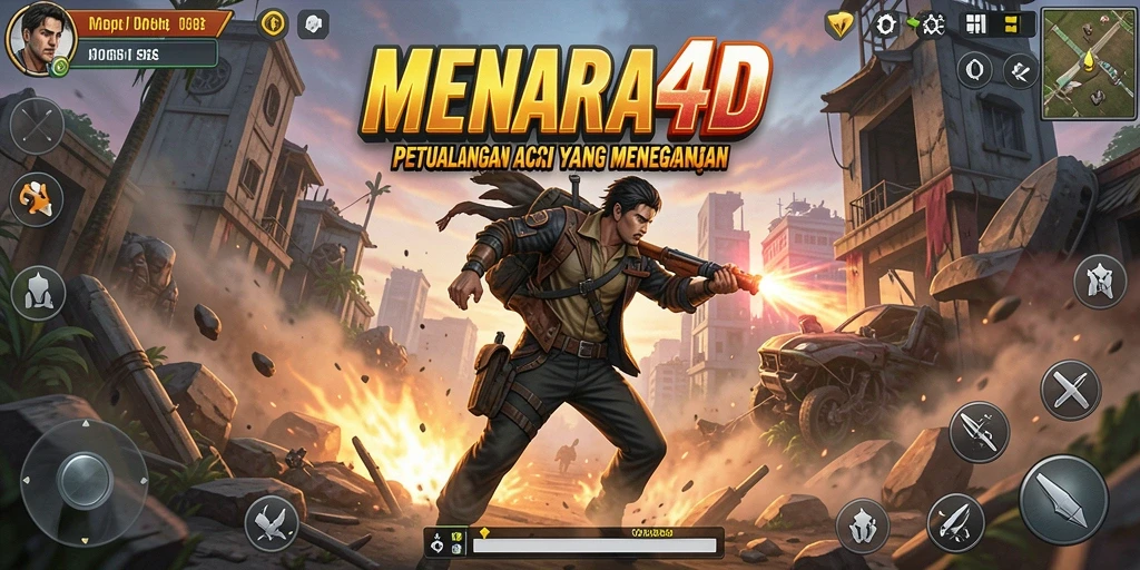 Tampilan dinamis gameplay MENARA4D yang penuh aksi.