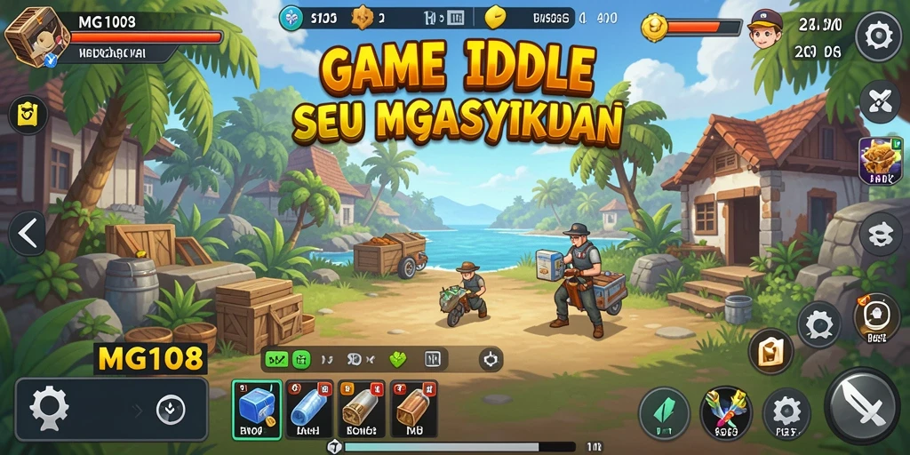 Screenshot gameplay MG108 menunjukkan karakter mengumpulkan sumber daya dalam mode Idle.