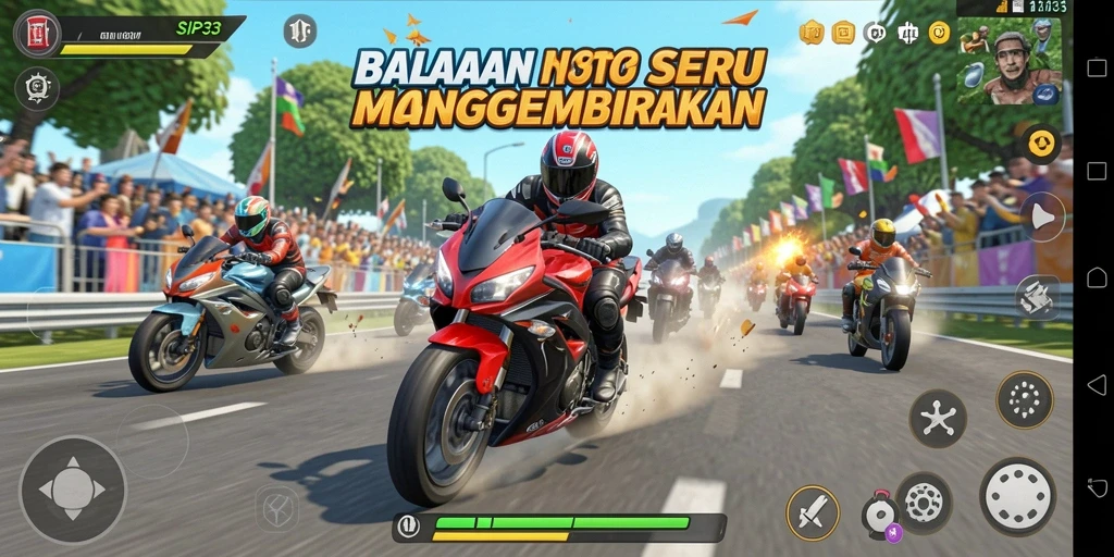 Tampilan gameplay SIP33 yang mendebarkan dan penuh aksi balapan motor.