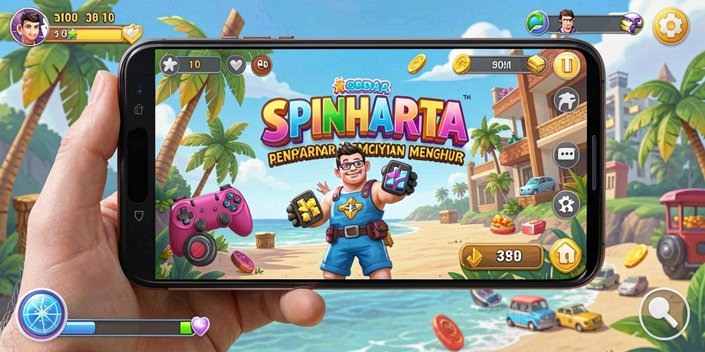 Tampilan gameplay SPINHARTA yang menarik dan penuh warna.