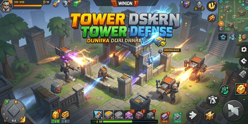 Tangkapan layar WINIDN menampilkan aksi gameplay Tower Defense yang intens.