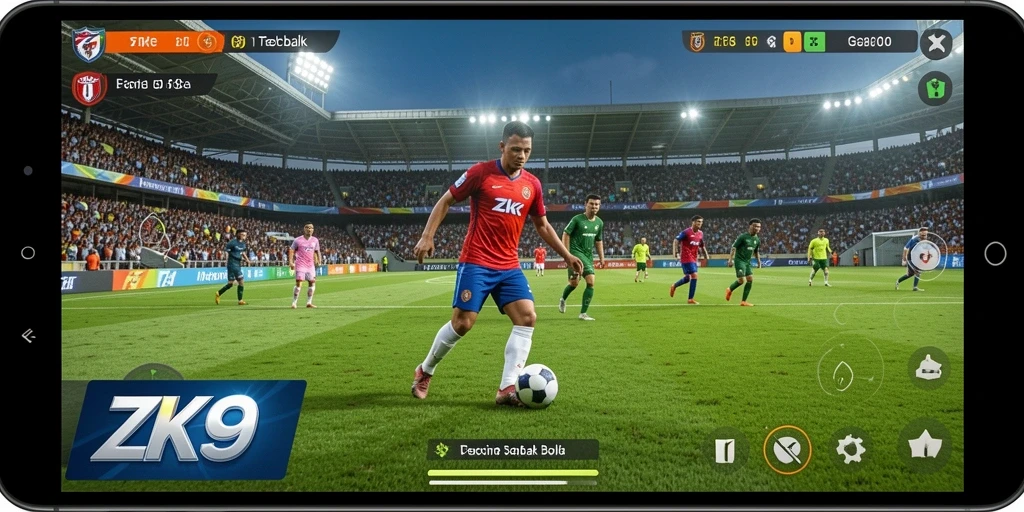Screenshot gameplay ZK9 yang menampilkan aksi sepak bola seru.